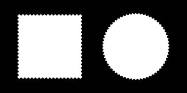 Posta beyaz pullu şablon çerçeveleri. Boş daire, dikdörtgen vintage pullar. Boş sınırlar, kartpostallar için arka planlar, mektuplar. Etiketler, etiketler, kuponlar, kıvrımlı, kıvrımlı, dalgalı kenarlı kutular.