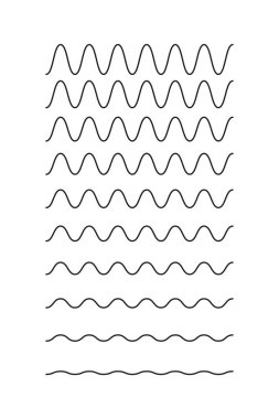 Dalgalı, kıvrımlı, zikzak çizgileri. Sınırları dalgalandır, yatay çizgileri genişlet. Su, nehir, göl, deniz okyanusu sembolü. Sinüs, sıvı, hava, rüzgar işareti. Beyaz arkaplanda izole edilmiş grafik çizimi.
