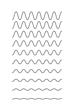 Wavy, curvy, zigzag lines. Undulate borders, transverse horizontal lines. Water, river, lake, sea ocean symbol. Sine, fluid, air, wind sign. Outline graphic illustration isolated on white background. clipart