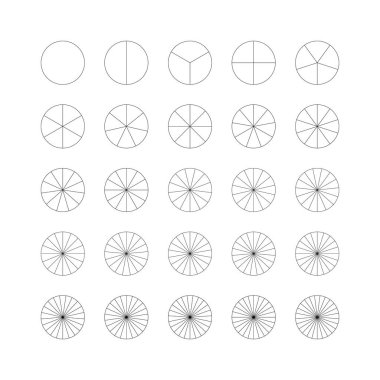 Turta şeması. Segmentli pizza grafikleri. Birçok sektör çemberi eşit parçalara böler. Ana hatları siyah grafikler. Bölümler bilgisel. Diyagram tekerleği parçaları.