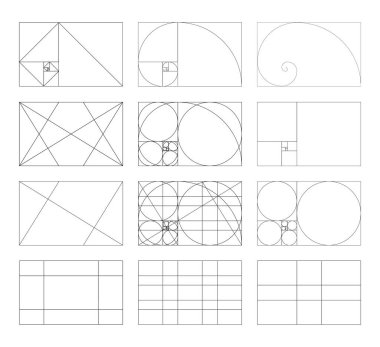 Altın oran çerçeveleri, dikdörtgenler. Yöntem altın bölüm şablonları. Fibonacci dizisi, sayılar. Uyum oranları şebekelerinin toplanması. Özet grafik illüstrasyonu.