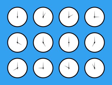 Saat simgeleri. Zaman sembolü. Yüzlere dikkat. Saatlerin yuvarlak yüzleri farklı zamanlardadır. Düz şablon.