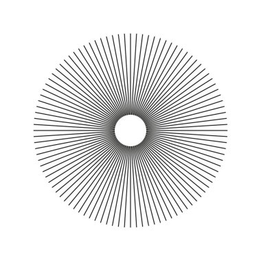  Güneş ışınları, patlıyor. Radyasyon saçan şeritli konuşmalar. Radyal çember radyasyon hatları. Daire çizgileri. Minimalist grafik. Beyaz arka planda izole edilmiş soyut illüzyon geometrik desen.