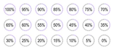 Yüzdelik bilgi elemanları. Bilgi grafikleri için 0 'dan 100' e yuvarlak diyagramlar seti. Menekşe ve gri renkli turta, pizza grafikleri şablonu. Çember grafik yükleme işlemi. 