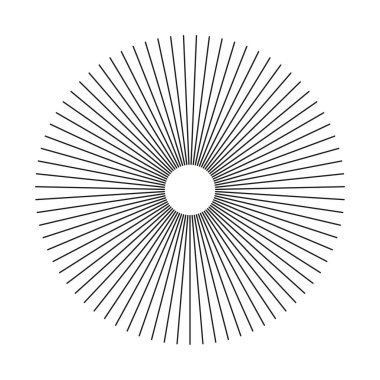 Radyal daire siyah çizgiler. Güneş ışınlarının sembolü. Minimalist dairesel çizgiler şablonu. Düz grafik elementi. Radyasyon saçan çizgili konuşmalar. Soyut illüzyon geometrik şekil.