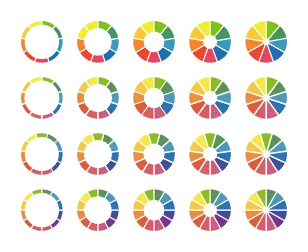 Donut grafikleri, turtalar 9, 10, 11, 12 eşit parçaya bölünmüş. Tekerlekler bölümlere ayrıldı. Çok renkli enfografik diyagramlar seti. Çember bölüm minimalist grafiği. Pizza çizelgesi yuvarlak simgeler. Çubuk yükleniyor.