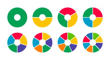 Donut grafikleri, turtalar 1 'den 8' e eşit parçalardan oluşuyor. Diyagramlar, çok renkli. Daire bölümler halinde bölündü. Tekerlek bölümü grafiği. Pizza çizelgesi. Yuvarlak simgeler. Çubuk basit modelleme yükleniyor