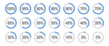 Yüzdelik bilgi grafikleri minimum elementler. Yuvarlak diyagramlar bilgi grafikleri için 0 'dan 100' e kadar simgeler oluşturur. Mavi, gri renkte. Bölünmüş turta grafikleri göstergesi. Çember grafik yükleme işlemi modellemesi.
