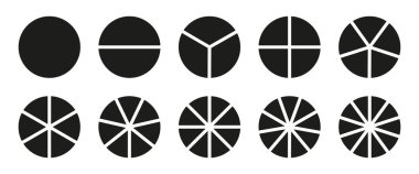 Pasta grafiği. Parçalı çizelgeler. Birçok sektör çemberi eşit parçalara böler. Turta seti, pizza grafikleri. Bölümler bilgisel. Diyagram tekerlek parçaları. Boş koçluk.