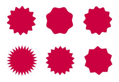 Çember, güneş kremi, indirimli yıldız indirimi, boş satış etiketleri. Dalgalı kenarlı kırmızı rozetler. Yıldız patlaması şeklindeki etiketler. Çerçeve silueti. Düz vintage etiket. Tasarım ögeleri, simge, düğme, pul.