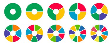 Donut grafikleri, turtalar 1 'den 10' a kadar eşit parçalara ayrılmış. Diyagram bilgisi çok renkli set. Çember bölüm grafiği. Tekerlekler bölümlere ayrıldı. Pizza grafiği yuvarlak simgeler. Çubuk yerleşimi yükleniyor.