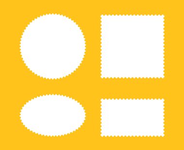 Posta pulu çerçeveleri. Boş oval, dikdörtgen kenarlar, kartpostallar için zemin, harf şablonları. Boş vintage pullar. Basit etiketler, etiketler, kuponlar, kıvrımlı, kıvrımlı, dalgalı kenarlı kutular.