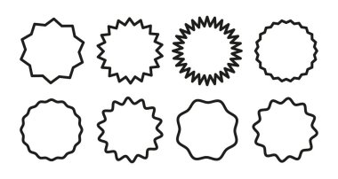 Sınırları çember içine alın. Eğri kenarlı çerçeve satışı, tanıtım siyah set. Dalgalı daireler. Yuvarlak çerçeveler. Grafik çizimi. Geometrik çizgi tasarımı. Düzenlenebilir felç. Yıldız patlaması etiketleri fiyatına. Eski etiket.
