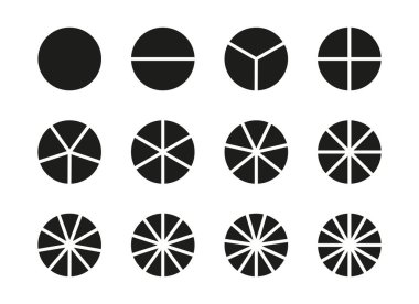  Turta şeması. Diyagram tekerleği parçaları 1 'den 12' ye kadar. Sektörler çemberi eşit parçalara böler. Boş koçluk. Siyah minimalist grafikler. Pizza seti, turta segmenti grafikleri. Bölümler düz bilgi grafiği