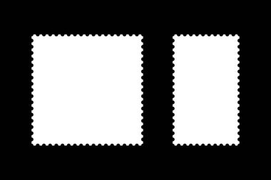 Bir dizi posta pulu çerçevesi. Boş dikdörtgen vintage pul. Beyaz etiketler, etiketler, kuponlar, kıvrımlı, dalgalı kenarlı kutular. Boş sınırlar, kartpostallar için arkaplanlar, mektuplar.