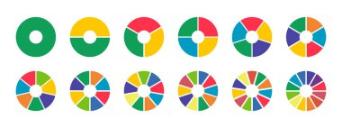 Donut grafikleri, 1 'den 12 eşit parçaya bölünmüş turtalar. Enfografik çok renkli diyagramlar kümesi. Çember bölüm grafik simgeleri. Pizza çizelgesi yuvarlak. Tekerlek bölümlere ayrıldı. Çubuk modeli yükleniyor