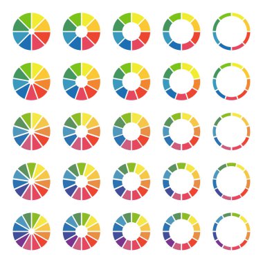 Çörek grafikleri, turtalar 8, 9, 10, 11, 12 eşit parçaya bölünmüş. Tekerlekler bölümlere ayrıldı. Diyagramlar, çok renkli grafikler. Çember bölüm minimalist grafiği. Pizza çizelgesi yuvarlak simgeler. Çubuk yükleniyor.