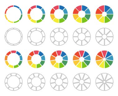 Donut grafikleri, turtalar 8-9 eşit parçaya bölünmüş. Tekerlekler sekiz, dokuz bölümden oluşuyor. Enfografik çok renkli diyagramlar kümesi. Çember bölüm grafiği. Pizza grafiği simgeleri. Yuvarlak yükleme çubuğu maketleri.