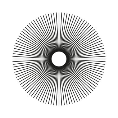 Radyal çember çizgileri şablonu. Yuvarlak çizgiler, modern element. Güneş ışınlarının sembolü. Düz tasarım moda öğesi. Yayılan çizgili konuşmalar basit bir simge. Soyut illüzyon geometrik şekil etiketi.
