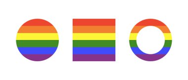 Gökkuşağı bayrak rozetleri. Eşcinsel gurur çerçevesi. İlerleme Logosu minimalist sembolü. LGBT daire simgeleri. Gökkuşağı renklerinde çıkartmalar. Yuvarlak, kare düğmeler. Şablon modayı tasarımı.