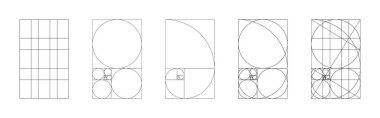 Altın oran şablonu. Yöntem altın bölüm modeli. Fibonacci dizisi, sayılar, şekiller. Uyum oranları çerçeveleri. Taslak grafik minimalist illüstrasyon.