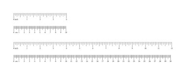 İnç ve metrik cetveller. Araç şablonları ölçülüyor. 4, 12 inç, 10, 30 santimetre ölçekli maketler. Cetvel için santimetre, inç ölçeklendir. Ölçek simgeleri ölçülüyor. Ölçüm göstergesi cm, inç.