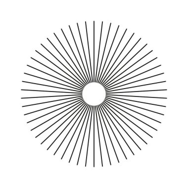 Çember patladı. Güneş patlaması. Yıldız patlaması radyal çizgileri. Işın ışını. Radyal çember çizgileri. Dairesel çizgiler. Güneş ışınlarının sembolü. Düz dizayn. Radyasyon saçan çizgili konuşmalar. Soyut geometrik şekiller.