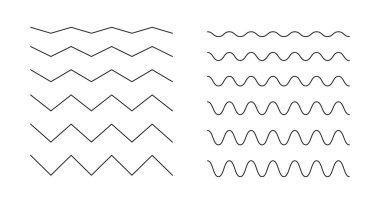 Dalgalı, kıvrımlı çizgiler. Minimalist dalgalı sınırlar, enine yatay siyah çizgiler. Sinüs, sıvı, hava, rüzgar işareti. Su, nehir, göl, deniz okyanus sembolleri. Beyaz arkaplanda özet grafik çizimi.