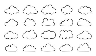 Kabarık bulutlar. Düz çizgili bulutlar. Kabarık, kümülüs bulutları şekilleniyor. Bulutlu basit bir model oluşturur. Hava elementi minimalist şablonlar. Nesneler bulutsal planlar. El çizimi siyah şirin simgeler.
