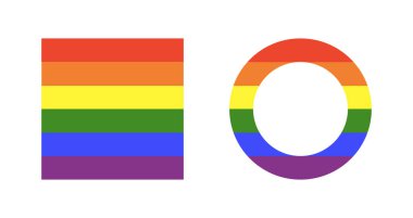 Gökkuşağı bayrağı hazır. Eşcinsel gurur çerçeveleri. İlerleme Logosu minimalist sembolleri. LGBT daire simgeleri basit. Gökkuşağı renklerinde çıkartmalar. Yuvarlak, kare rozet, düğme. Şablon tasarımı.