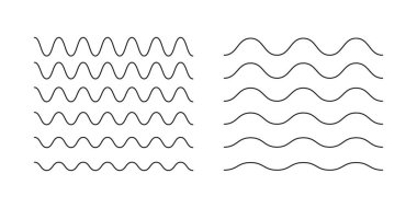 Dalgalı, kıvrımlı çizgiler. Minimalist dalgalanma sınırları, enine yatay basit çizgiler. Sinüs, sıvı, hava, rüzgar işareti. Su, nehir, göl, deniz, okyanus sembolleri. Özet grafik illüstrasyonu.