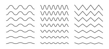 Dalgalı, kıvrımlı, zikzak çizgisi. Sınırları dalgalandır, yatay çizgileri genişlet. Sinüs, sıvı, hava, rüzgar işaretleri. Su, nehir, göl, deniz, okyanus minimalist sembolü. Beyaz bir arkaplanda özet.