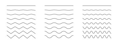 Dalgalı, kıvrımlı, zikzak çizgileri. Basit dalgalı sınırlar, enine yatay siyah çizgiler. Su, nehir, göl, deniz, okyanus sembolü. Sinüs, sıvı, hava, rüzgar işareti. İnce modayı ana hatlarıyla çiz