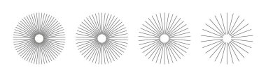 Güneş patlaması. Yıldız patlaması radyal çizgileri ayarlandı. Ray, ışınla. Radyal çember çizgileri. Dairesel patlama. Güneş ışınlarının sembolü. Düz tasarım simgeleri. Radyasyon saçan çizgili konuşmalar. Soyut geometrik şekiller.
