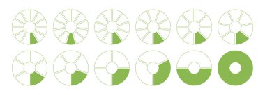 Donut grafikleri, 1 'den 12 eşit parçaya bölünmüş turtalar. Diyagram bilgilerini. Çember bölümü en düşük grafik. Parça parça yeşil tekerlekler. Pizza grafiği yuvarlak simgeler. Boş şablon çalıştırılıyor.