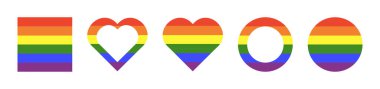 Gökkuşağı bayrağı modeli. Eşcinsel gururu çerçevesi. İlerleme logosu sembolü deseni. LGBT minimalist simgeler. Gökkuşağı renklerinde çıkartmalar. Yuvarlak, kalp, kare rozet, düğme, fon. Tasarım şablonu.