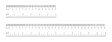 Ölçüm çubukları. Cetvel ölçeği 6,12 inç ve 15, 30 santimetre, işaretleme, sayılar. Ölçüm şeması, metrik, imparatorluk birimleri şablon simgesi. Uzaklık, yükseklik, uzunluk ölçümü, dikiş aracı siyah maketler