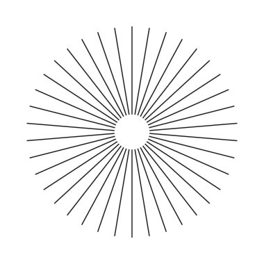 Güneş patlaması. Yıldız patlaması radyal çizgileri. Ray, ışınla. Radyal çember çizgileri. Dairesel patlama simgesi. Güneş ışınlarının sembolü. Radyasyon saçan çizgili konuşmalar. Soyut geometrik minimum şekil. Düz desen.