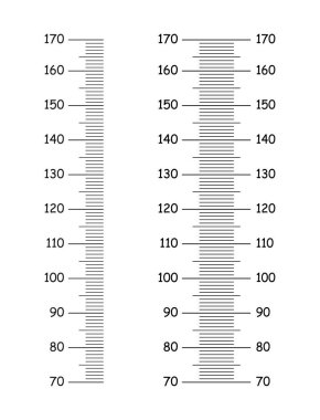 Yükseklik çizelgesi 70 ile 170 santimetre arasında. Duvar büyüme çıkartması için bir kaç model. Metre duvarı ya da büyüme cetveli şablonu. Siyah grafik çizimi.