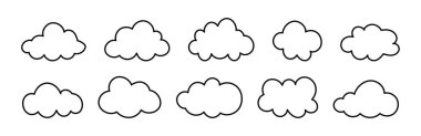 Düz çizgili bulutlar. Kabarık bulutlar. Kabarık, kümülüs bulutları. Bulutlu, siyah ince hatlı modeller oluşturur. Hava elementi şablonları minimumda. Nesneler bulutsal planlar. El çizimi siyah şirin simge.