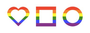 Gökkuşağı bayrağı çerçeveleri. Gay gururu, ilerleme logosu sembolleri. LGBT simgeleri. Gökkuşağı renklerinde çıkartmalar. Yuvarlak, dikdörtgen, kalp rozeti, düğme. Şablon tasarım elemanları.