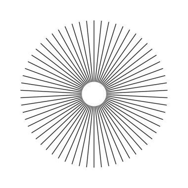 Radyal çember çizgileri simgesi. Dairesel çizgiler. Güneş ışınlarının ana hatları. Soyut geometrik şekil. Radyasyon saçan çizgili konuşmalar. Düz tasarım moda öğesi. Asgari grafik illüstrasyonu
