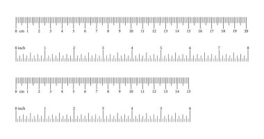 6,8 inç, 15, 20 santimetre ölçeklendir, işaretle, numaralar. Uzaklık, boy, boy ölçümü, dikiş aleti modeli. Ölçüm grafikleri kümesi, metrik, imparatorluk birimleri minimum şablonlar.