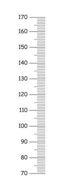 Çocukların boy tablosu 70 ile 170 santimetre arasında. Beyaz arka planda izole edilmiş duvar büyüme etiketi şablonu. Siyah grafik çizimi. Metre duvarı, büyüme cetveli modeli. Minimalist simge.