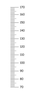Çocukların boy tablosu 70 ile 170 santimetre arası basılabilir model. Beyaz arka planda izole edilmiş duvar büyüme etiketi şablonu. Grafik minimalist illüstrasyon. Metre duvarı veya büyüme cetveli siyah simgesi.