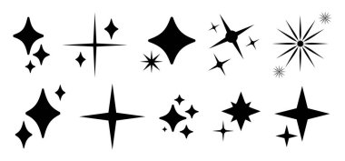 Parıldayan yıldız ikonu. Parıldayan parıltı modelleri. Bir dizi parıltı, güneş patlaması yıldız modası. Soyut sihirli ışık parlaması, minimalist semboller. Yıldız şablonları beyaz arkaplanda izole edilmiş.