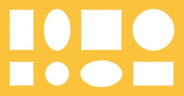 Bir dizi posta pulu çerçevesi. Boş sınırlar. Çember, dikdörtgen boş vintage pullar. Kartpostallar, mektuplar için arka planlar. Etiketler, etiketler, kuponlar, kıvrımlı, kıvrımlı, dalgalı kenarlı desenli kutular.