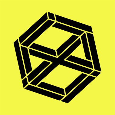 İmkansız küp. Escher tarzı. Çizgi tasarımı. İmkansız şekiller. Optik illüzyon objesi. Optik sanat figürü. 