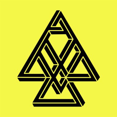 İmkansız şekiller. Kutsal geometri. Optik illüzyon figürü. Soyut sonsuz geometrik nesne. Escher tarzı. İmkansız sonsuz özet. Operasyon sanatı. Sarı arka planda imkansız geometri şekli.