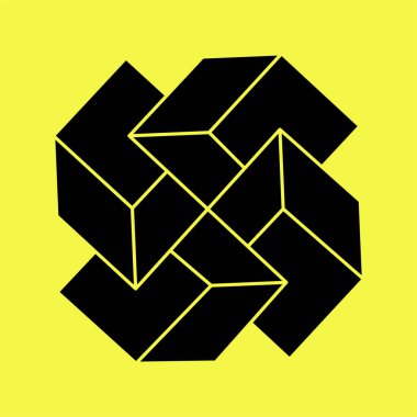 İmkansız şekiller. Kutsal geometri. Optik illüzyon figürleri. Soyut sonsuz geometrik nesneler. İmkansız sonsuz ana hatları. Escher paradoksu. Sarı arka planda imkansız geometri şekli.